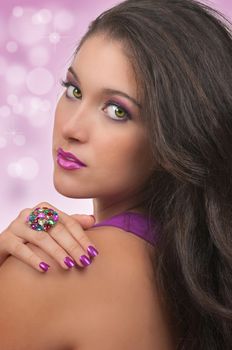 Young woman with beautiful, make up, hair and manicure