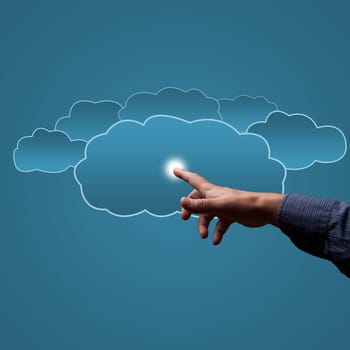 finger touches the clouds, the concept of cloud computing, place for text