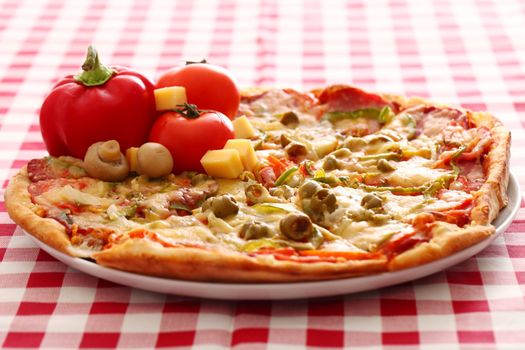 Image of fresh italian pizza on a squared tablecloth