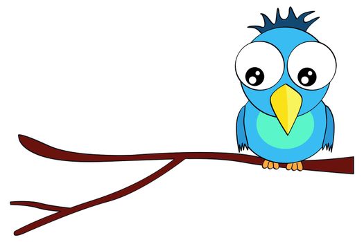 Cartoon smiling bird character on branch illustration isolated on white background