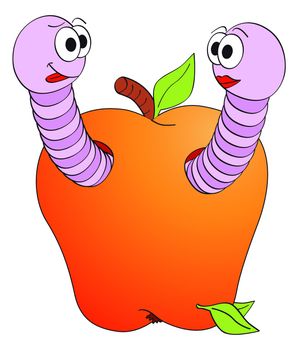 Cartoon smiling worms character in apple illustration isolated on white background
