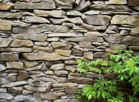 oil painting stone wall with green bushes at the bottom of Figure