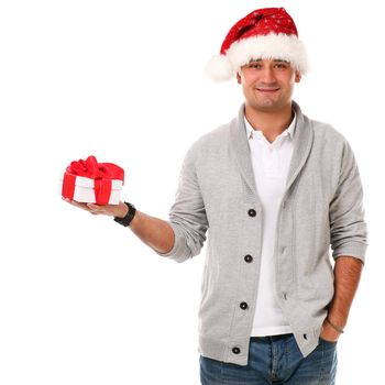 Young caucasian handsome man in christmas hat isolated over white background
