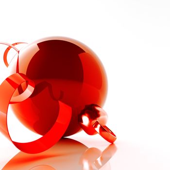 red christmas ball with tinsel on white background