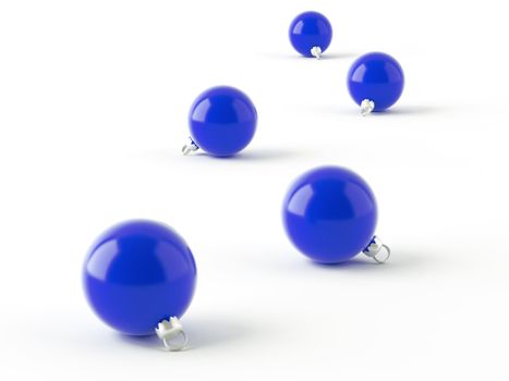 row of blue christmas balls on white background