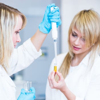 Two female researchers working in a laboratory (color toned image)