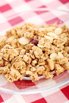 Healthy wholegrain muesli in a plate on a squared tablecloth