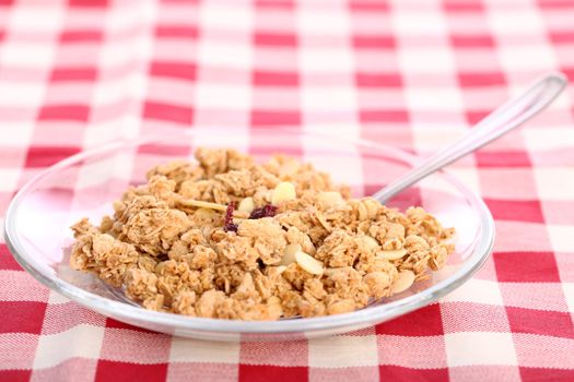 Healthy wholegrain muesli in a plate on a squared tablecloth