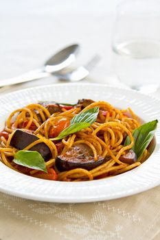 Spaghetti with aubergine ,tomato and basil
