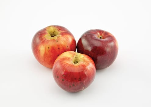 Three red apples on a white background