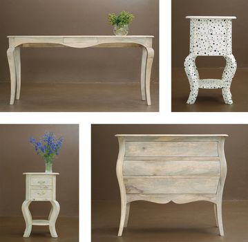 Collage combination various hand crafted classic wooden table and dresser