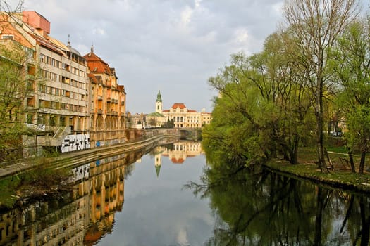 The view of Oradea with water reflection