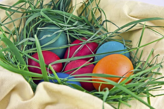 Colorful easter eggs in a basket and grass nest