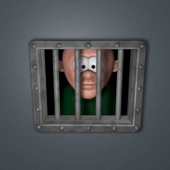 cartoon guy behind riveted steel prison window - 3d illustration