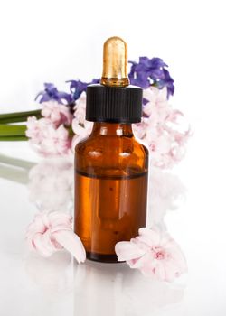 hyacinth flower leaf sprigs with an aromatherapy essential oil dropper bottle, isolated over white background.