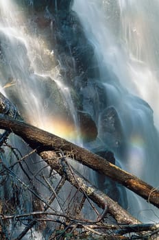 A waterfall with two logs in the forground and rainbow colors from the mist