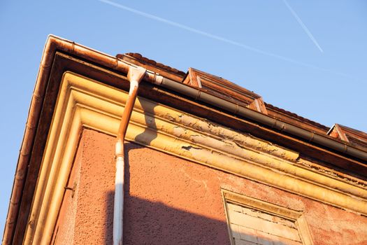 Abandoned house sealed with bricks in winter