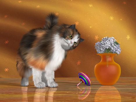 Bella, a calico cat, looks at a spinning top with a quizzical expression on her face.