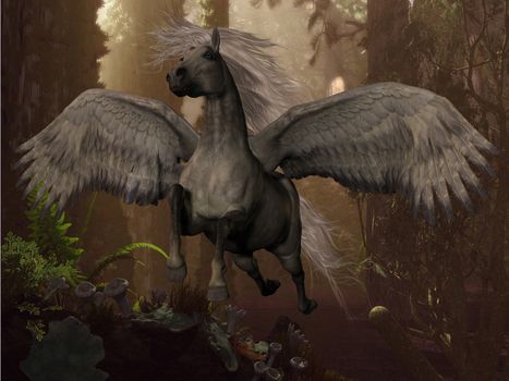 A white Pegasus horse flies up to the sky through a dense forest.