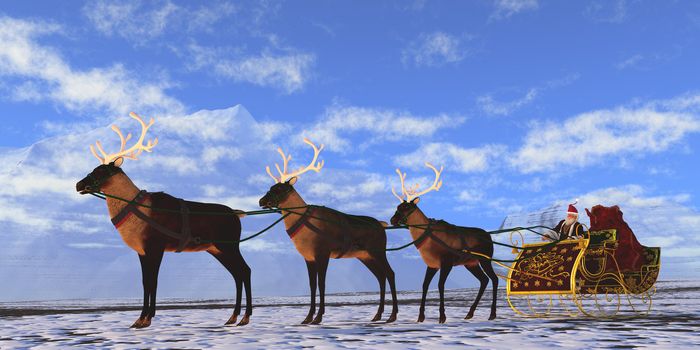 Father Christmas gets ready to take off with his reindeer and sleigh to deliver presents to all the girls and boys of the world.