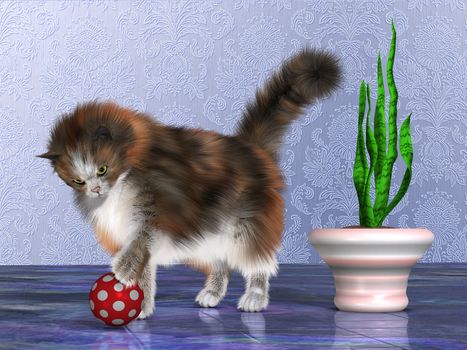 Oscar, a calico cat, plays with a red ball on a purple marble floor.