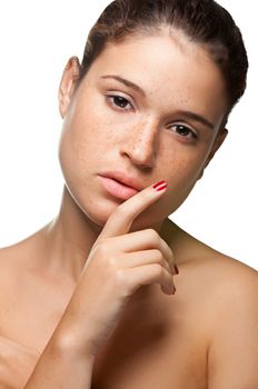 Portrait of young woman isolated on white background