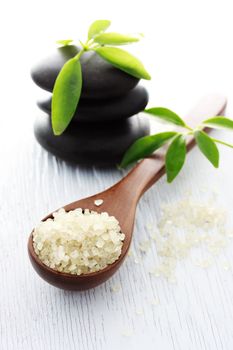 Herbal Spa Salt in Wooden Spoon with Black Spa Stones