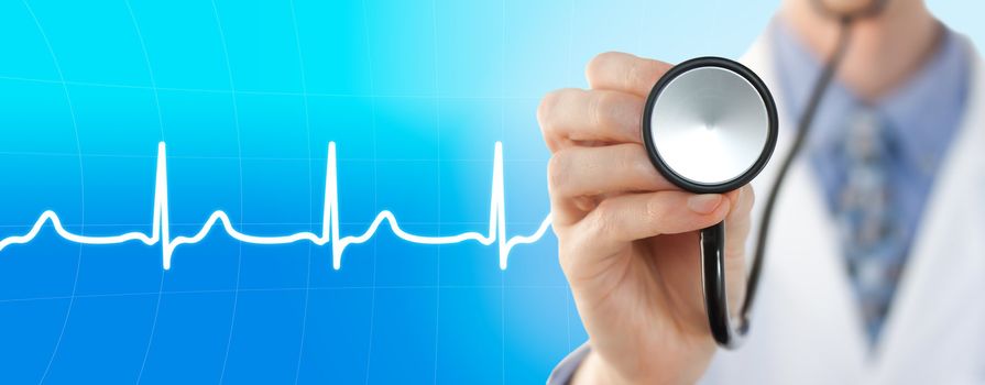 Doctor with stethoscope on the electrocardiogram graph background