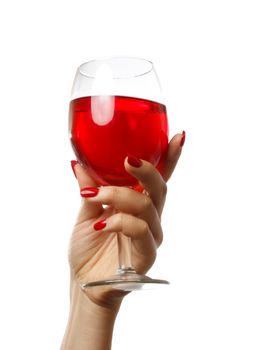 Woman holding a wine glass on white background