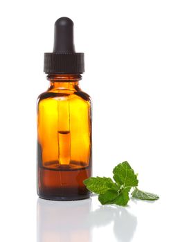 Herbal medicine dropper bottle with mint leaves