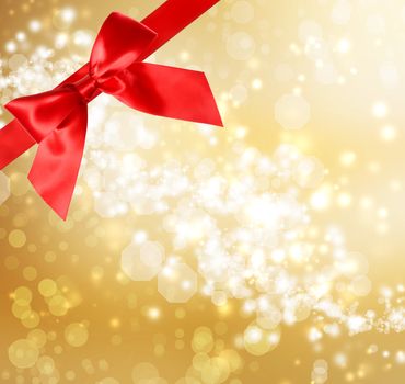 Red Bow and Ribbon with Gold Bokeh Lights Background 