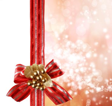 Red Bow and Ribbon with Bokeh Lights Background 