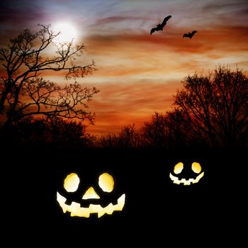 Jack O Lanterns with Autumn Scenery with bats