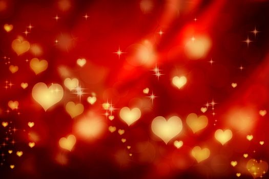 Golden shiny hearts on red satin background 