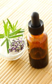 essential oil dropper bottle with lavender and rosemary