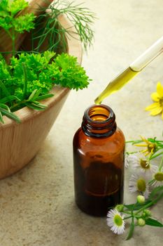 Herbal medicine with dropper bottle and wild flowers