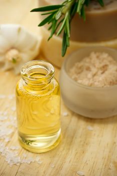 Essential oil with bars of soap and bath salt