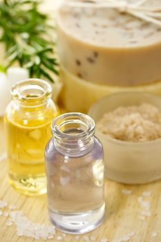 Essential oil, bars of soap and bath salt