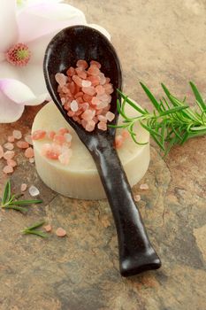 Pink bath salt and handmade soap and magnolia