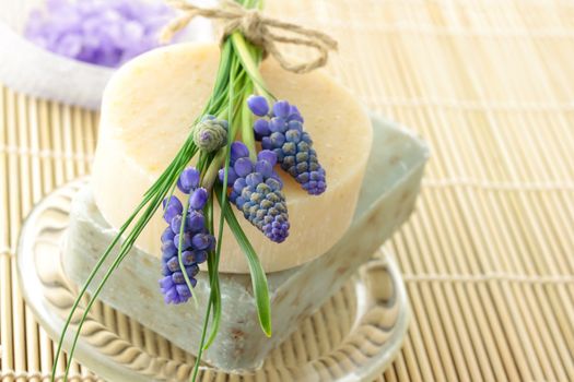 Handmade soap, lavender bath salt, and grape hyacinth