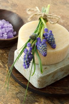 Handmade soap with lavender bath salt and grape hyacinth