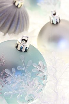 Blue and silver Christmas ornaments with snowflakes
