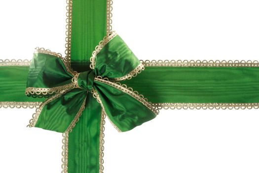 Green Bow and Ribbon on White Background