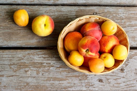 Juicy peaches and apricots in basket