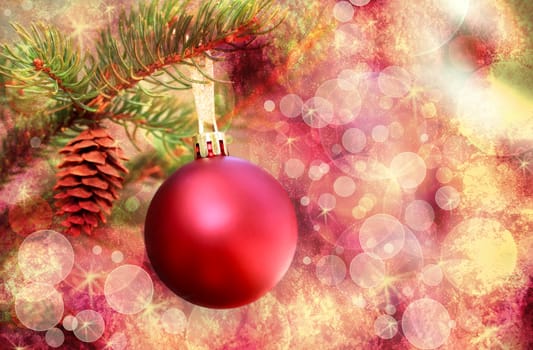 Christmas red ornament over colorful lights background