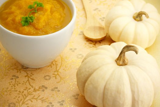 Pumpkin soup with white pumpkins on gold background