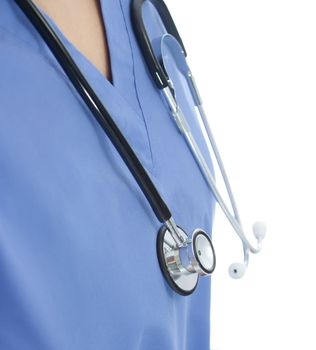 Scrub with stethoscope over white background