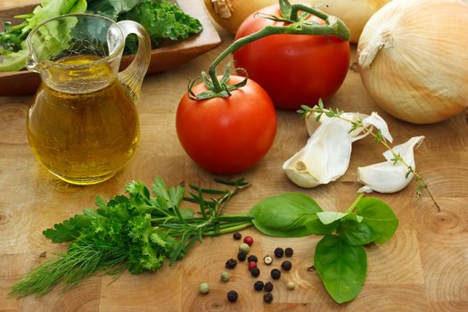 Italian ingredients - Tomatoes, onions, garlic, and herbs