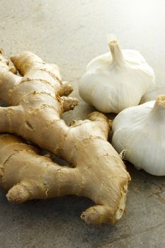 Ginger and garlic on the stone table