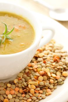 Lentil soup in white cup